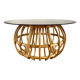 Designer round coffee table in rattan and smoked glass 1970