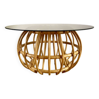 Designer round coffee table in rattan and smoked glass 1970