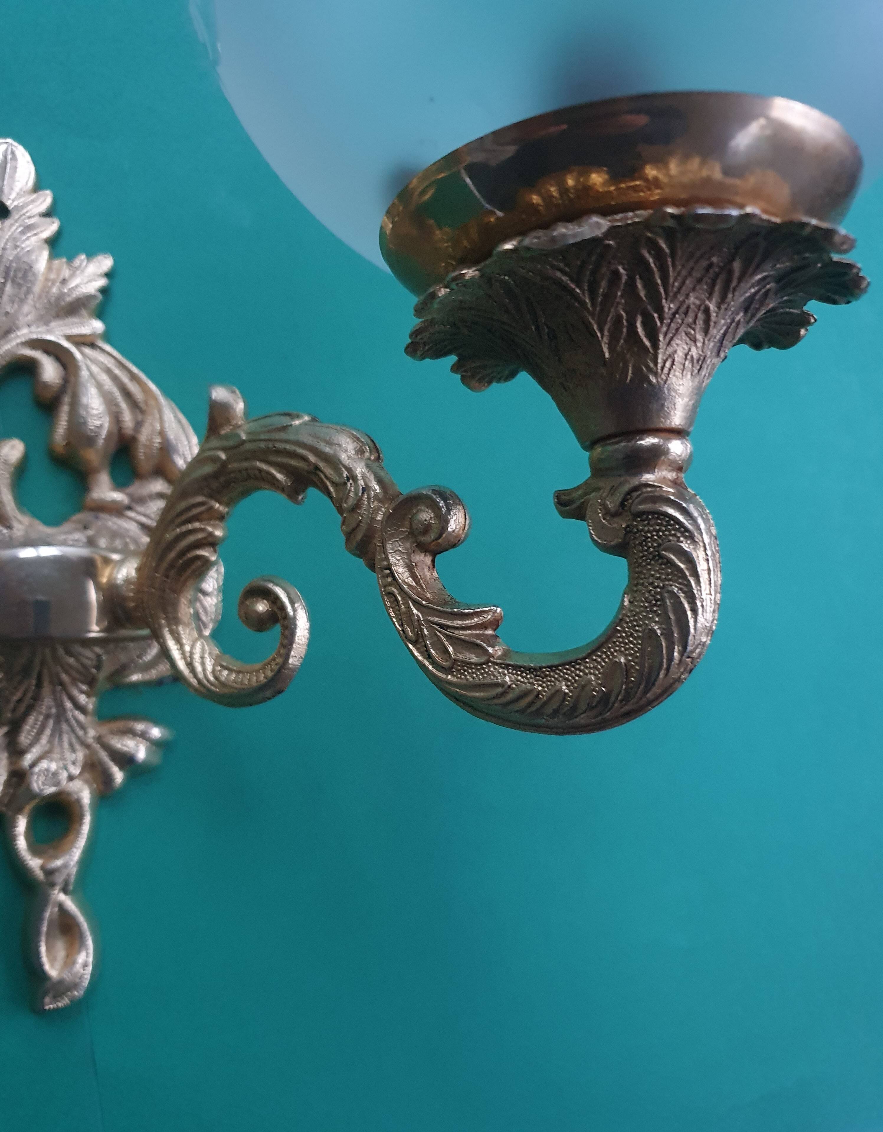Pair of large double-light wall sconces in vintage brass and glass