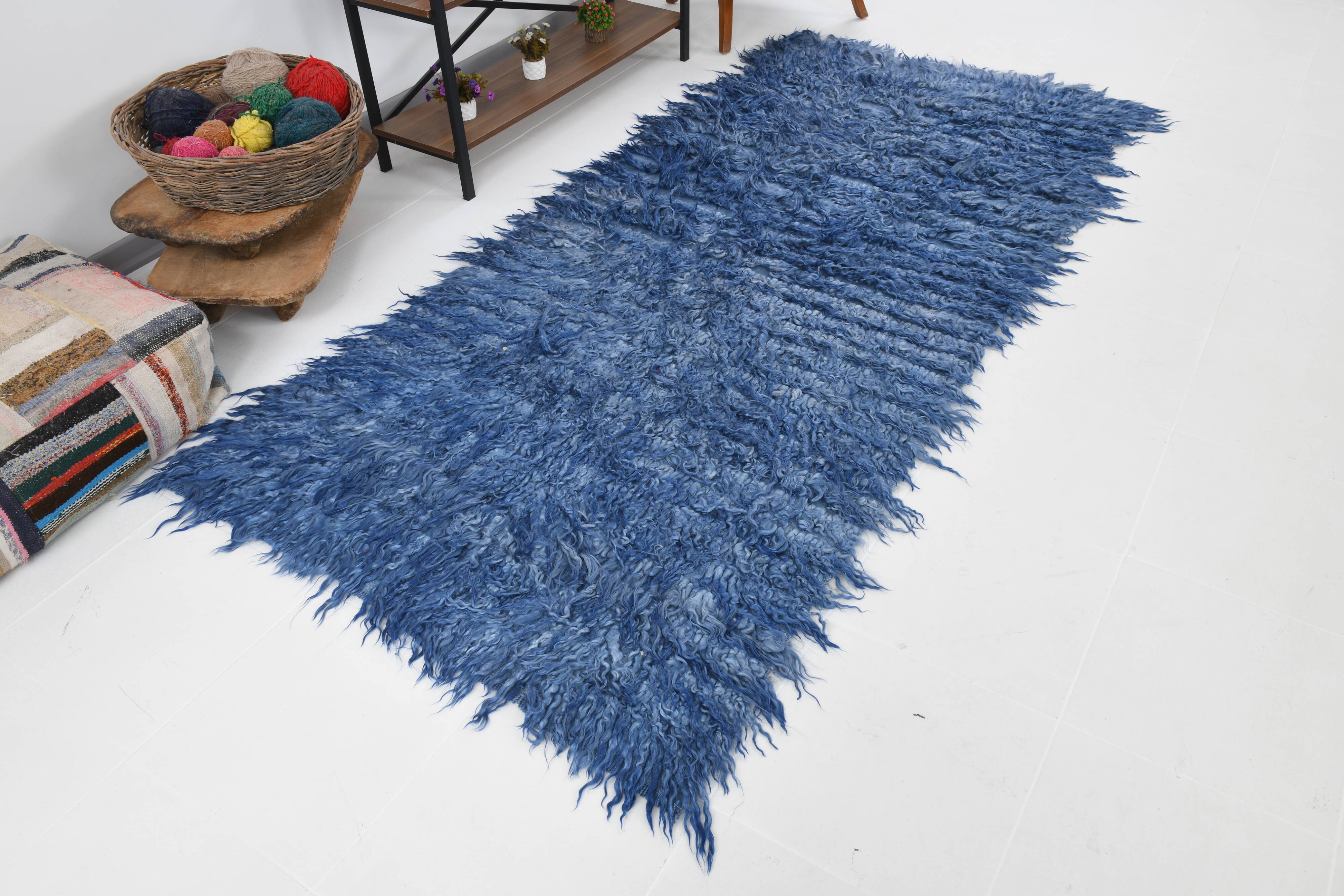 4x9 handmade wool blue vintage rug, 122x266cm