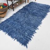 4x9 handmade wool blue vintage rug, 122x266cm