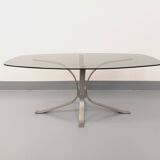 Vintage Rounded Rectangular Oval Coffee Table in Glass and Chromed Metal from the 70s