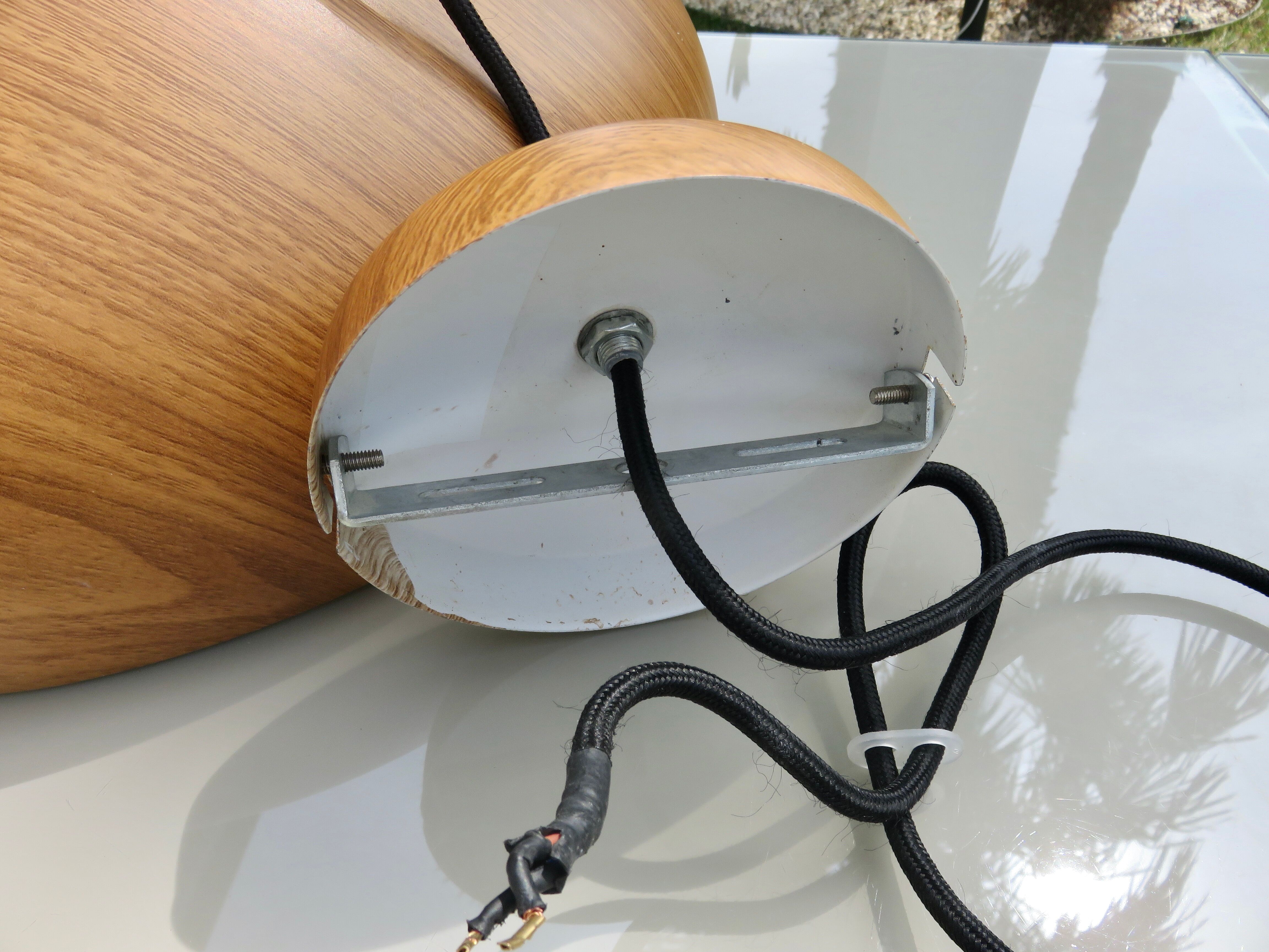 Scandinavian metal pendant light with a faux wood finish, 1980s.