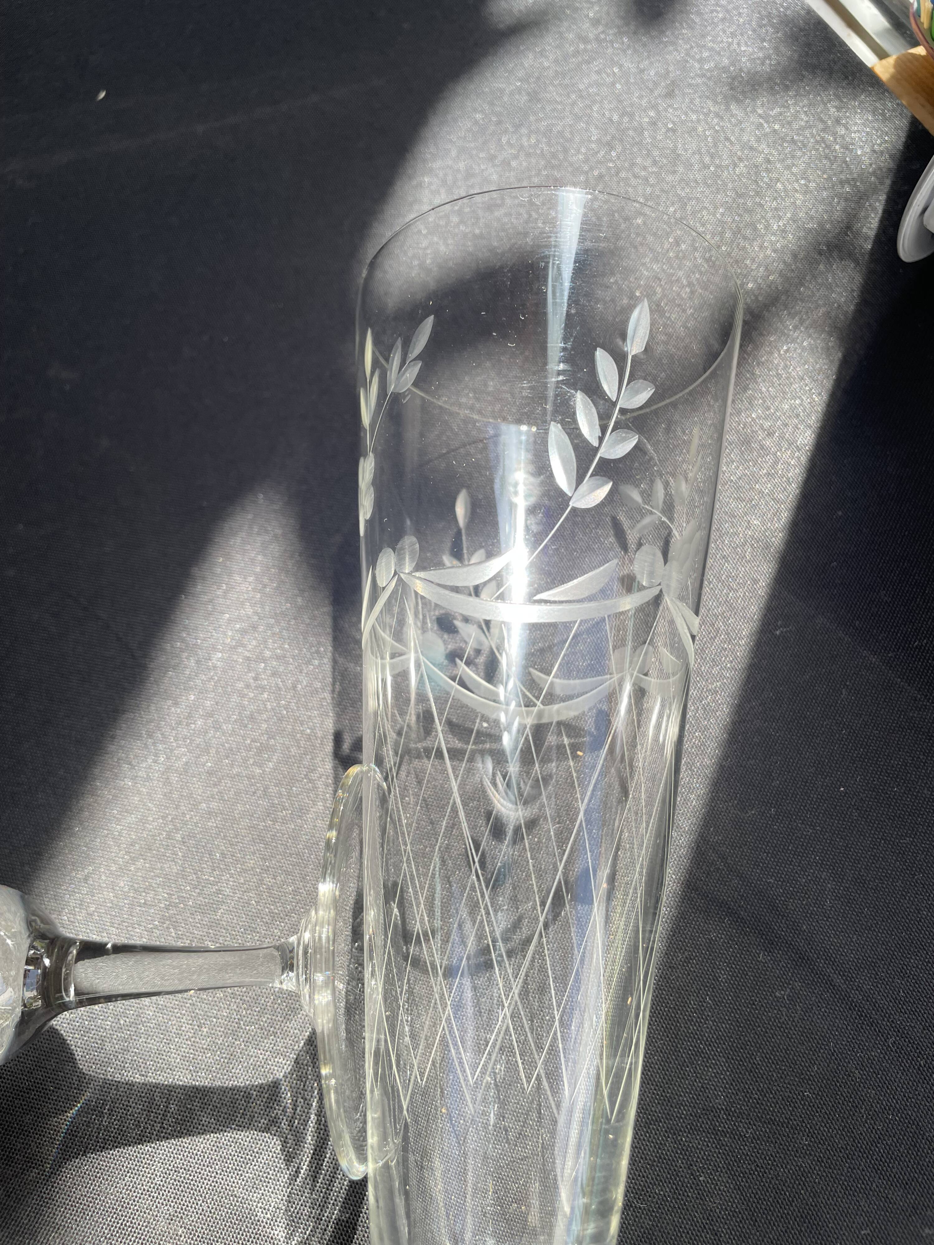 3332 – 4 Large Champagne Flutes – Vintage Cut Crystal, unstamped, these 4 large flutes