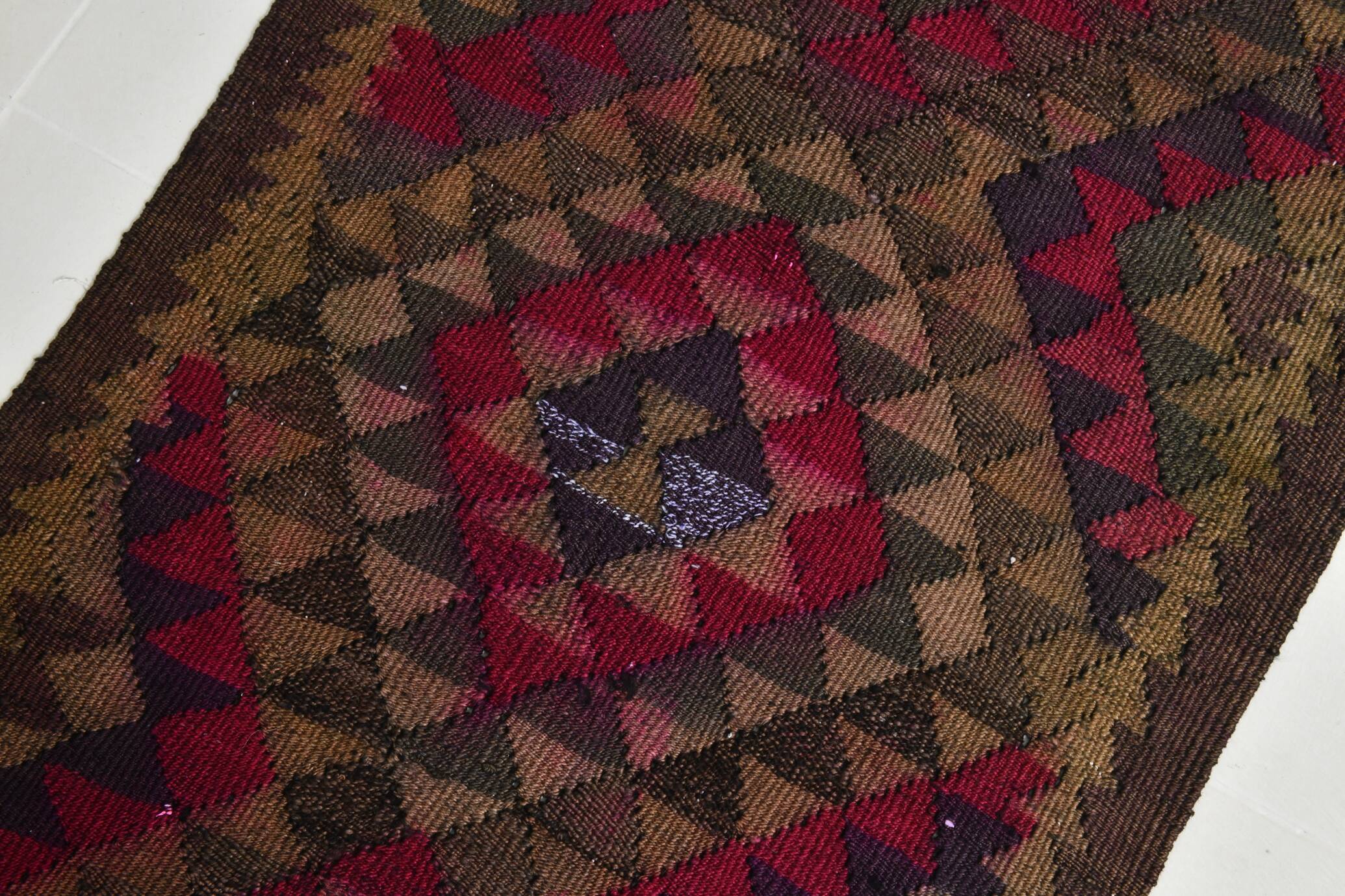 Burgundy Geometric Tribal Kilim Runner Rug, 80x342Cm
