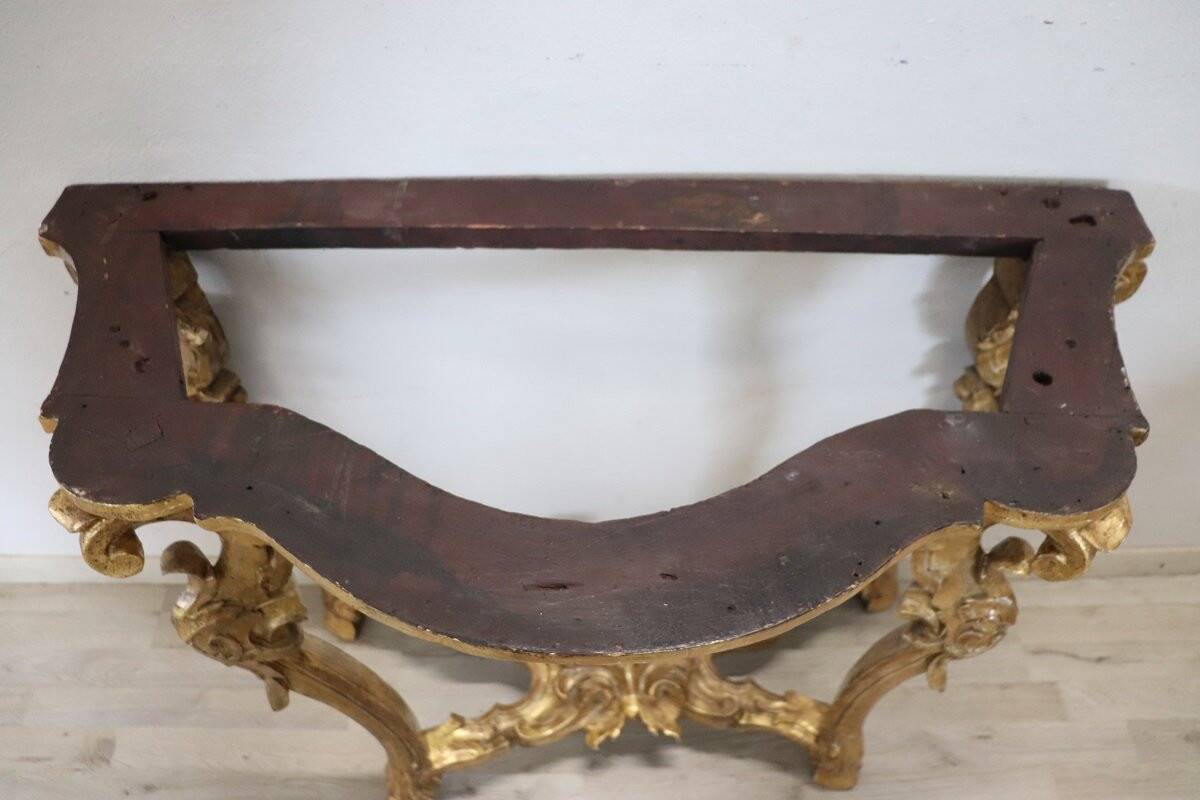Giltwood antique console table with marble top, Italy 18th century