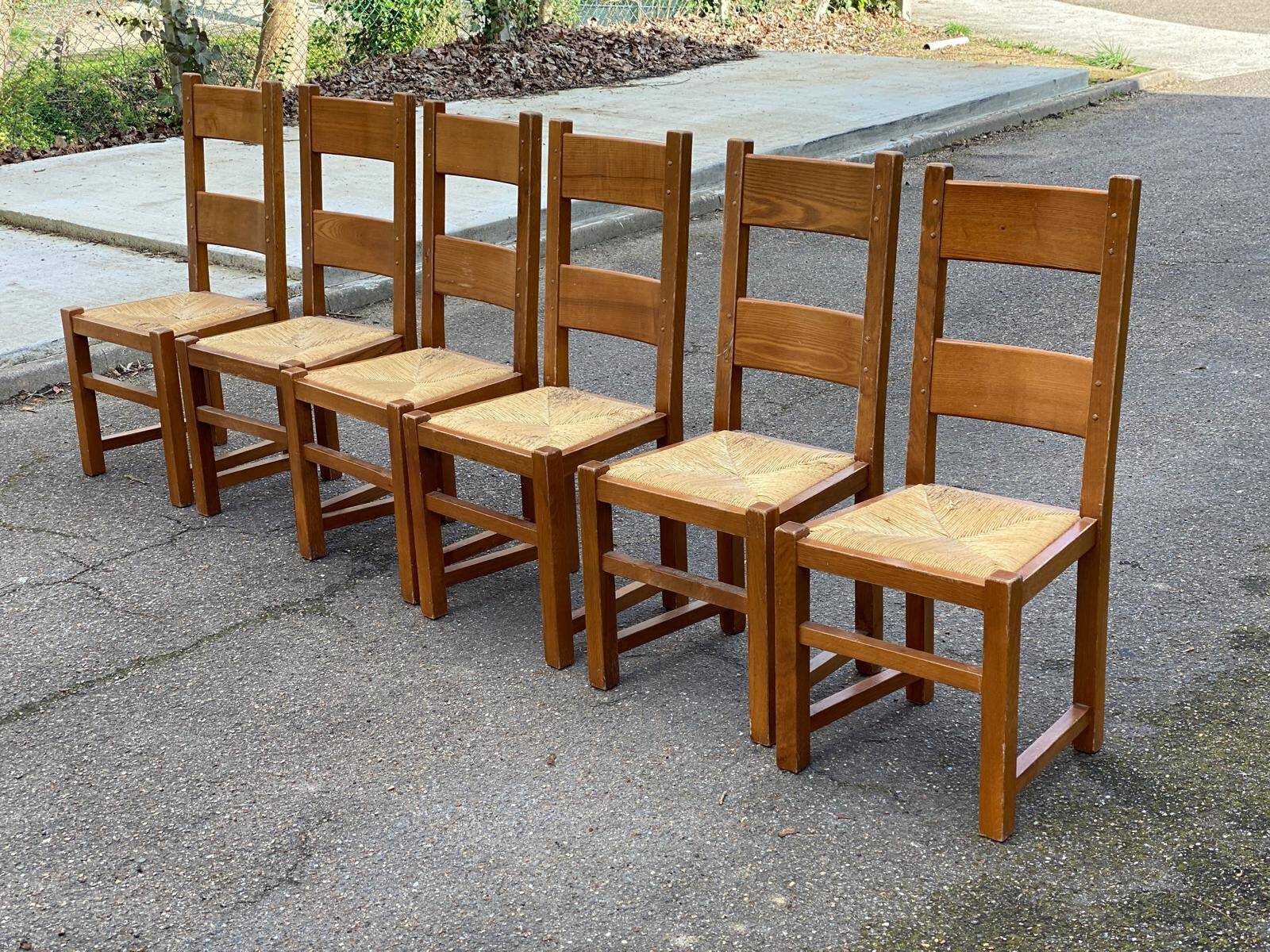 6 solid oak dining chairs with straw seats, farmhouse style