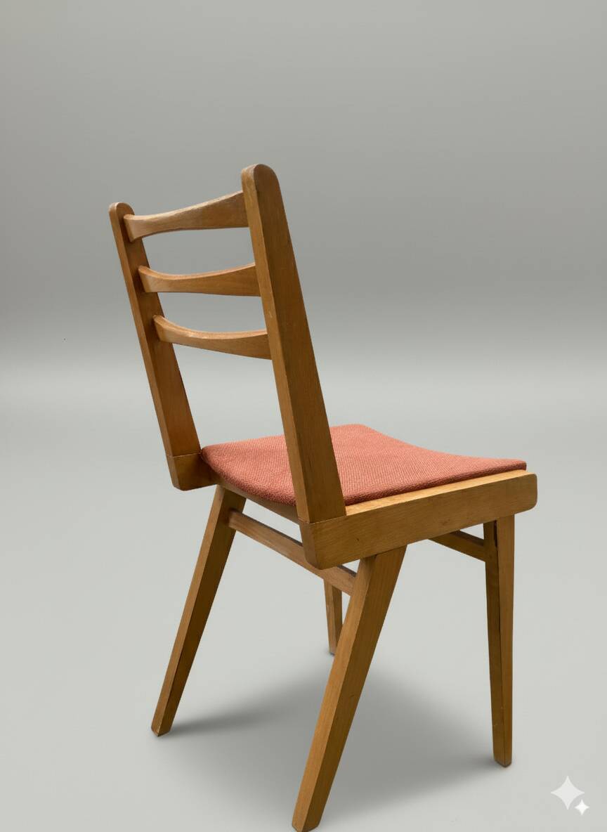 Pair of vintage chairs in solid wood with terracotta fabric seats
