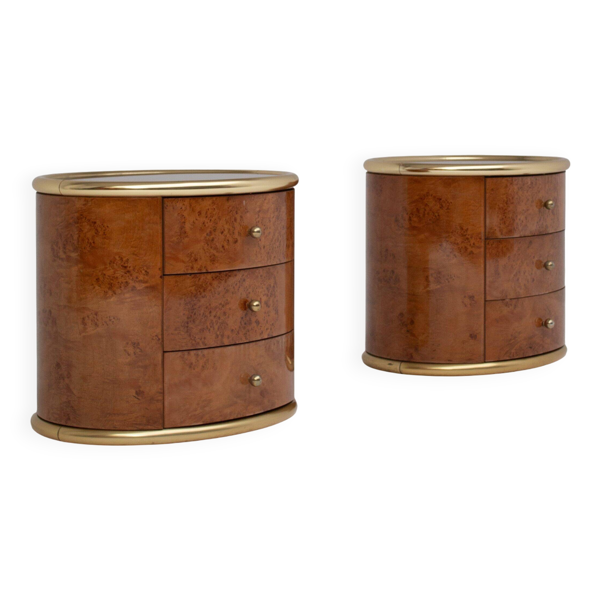 Vintage burlwood and brass nightstands, 1970s
