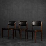 Modern vintage Scandinavian chairs in rosewood and black leather from the mid-century by Bramin, set of 3.