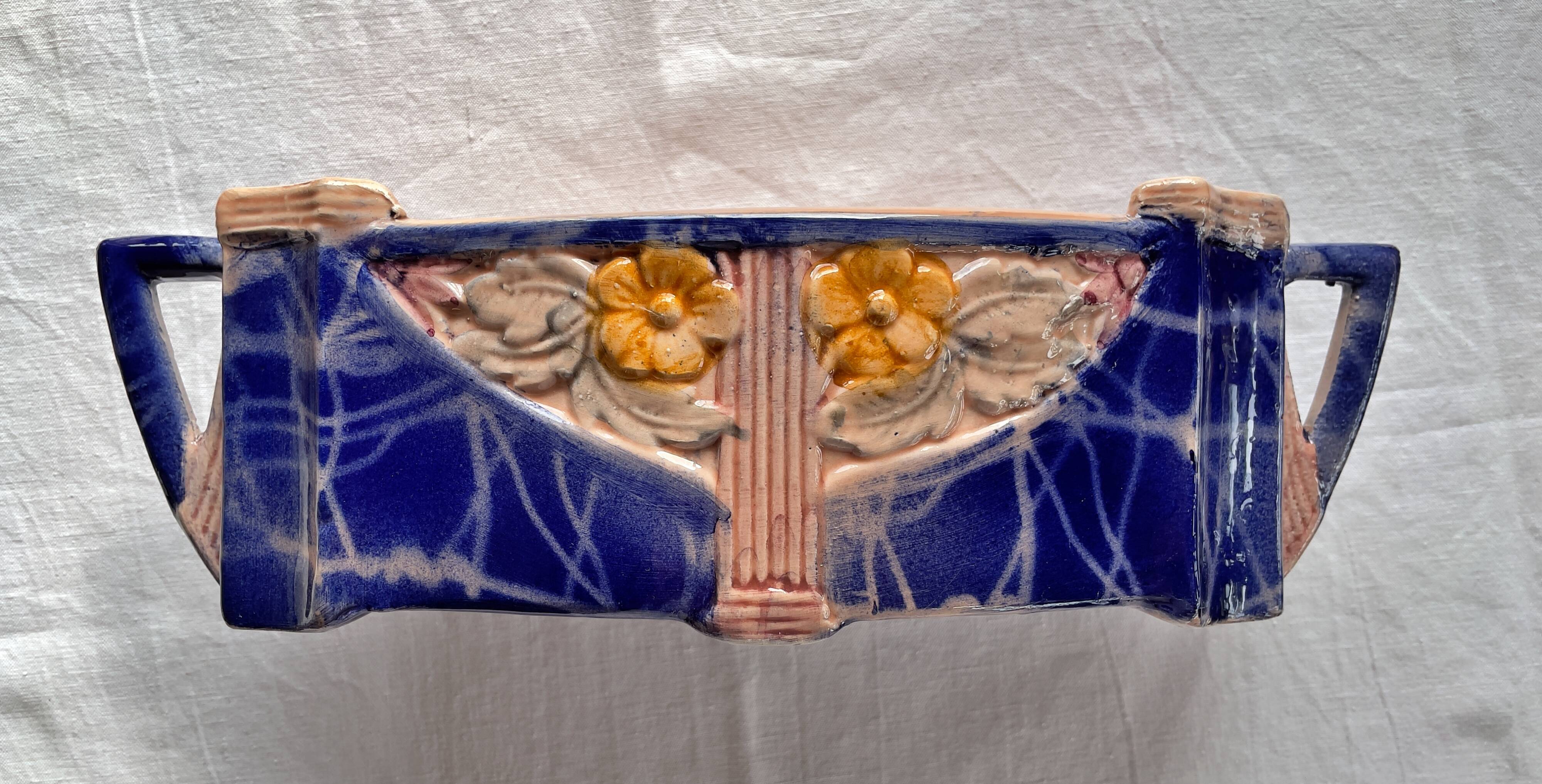 Art Deco ceramic planter or flower pot in polychrome slip 1920