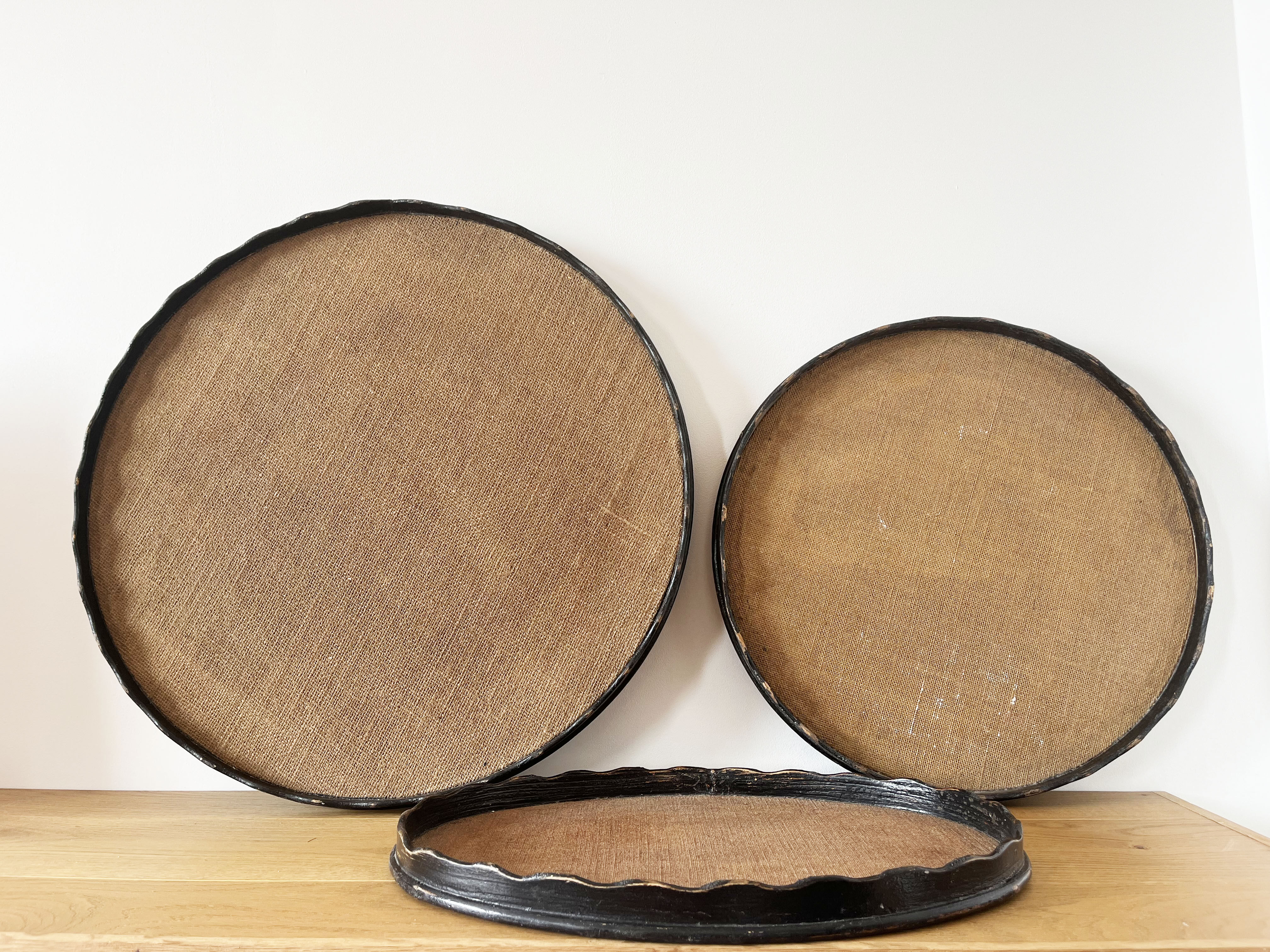 Set of 3 large vintage patinated wooden trays
