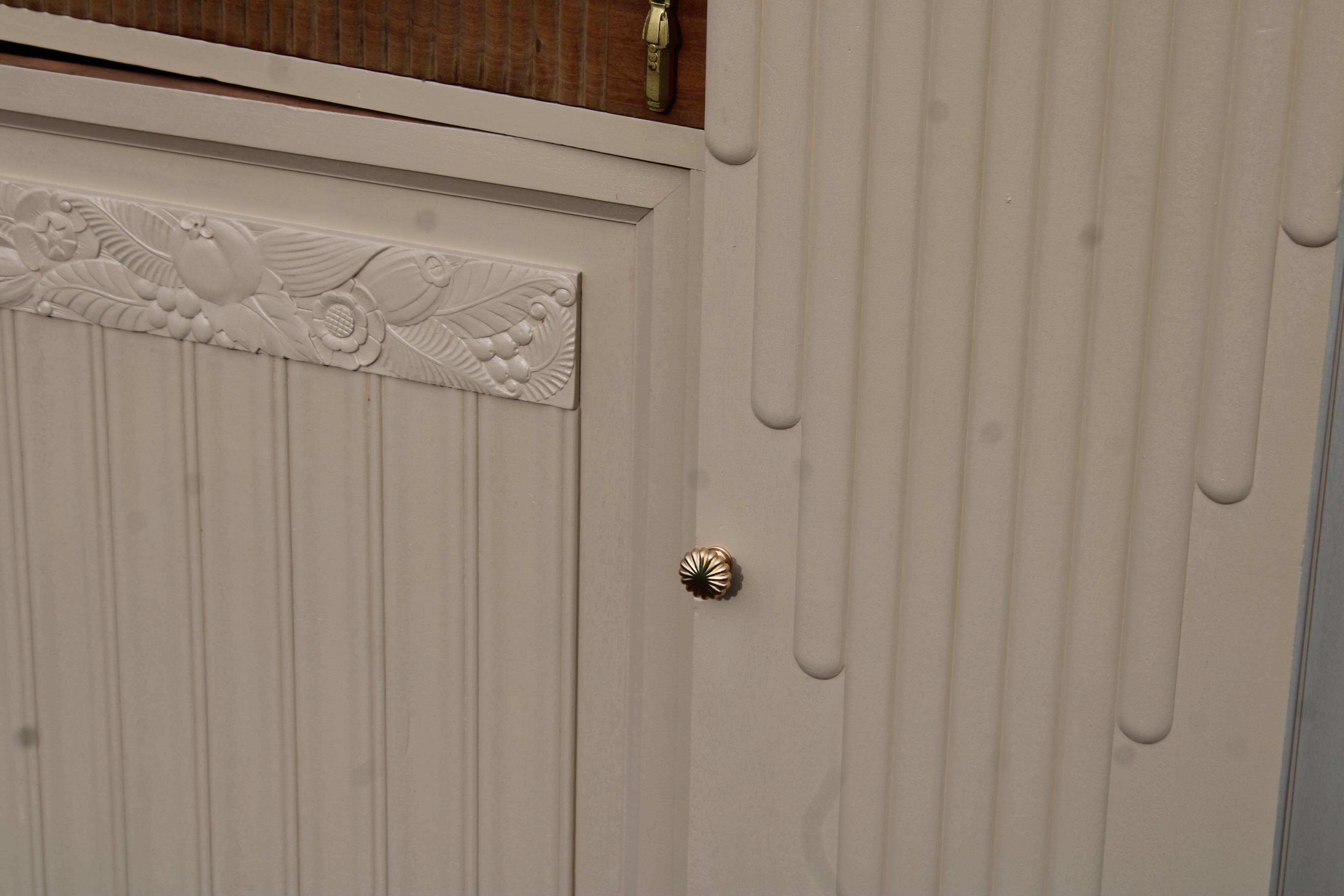 Renovated Art Deco buffet, pink marble and original mirror.