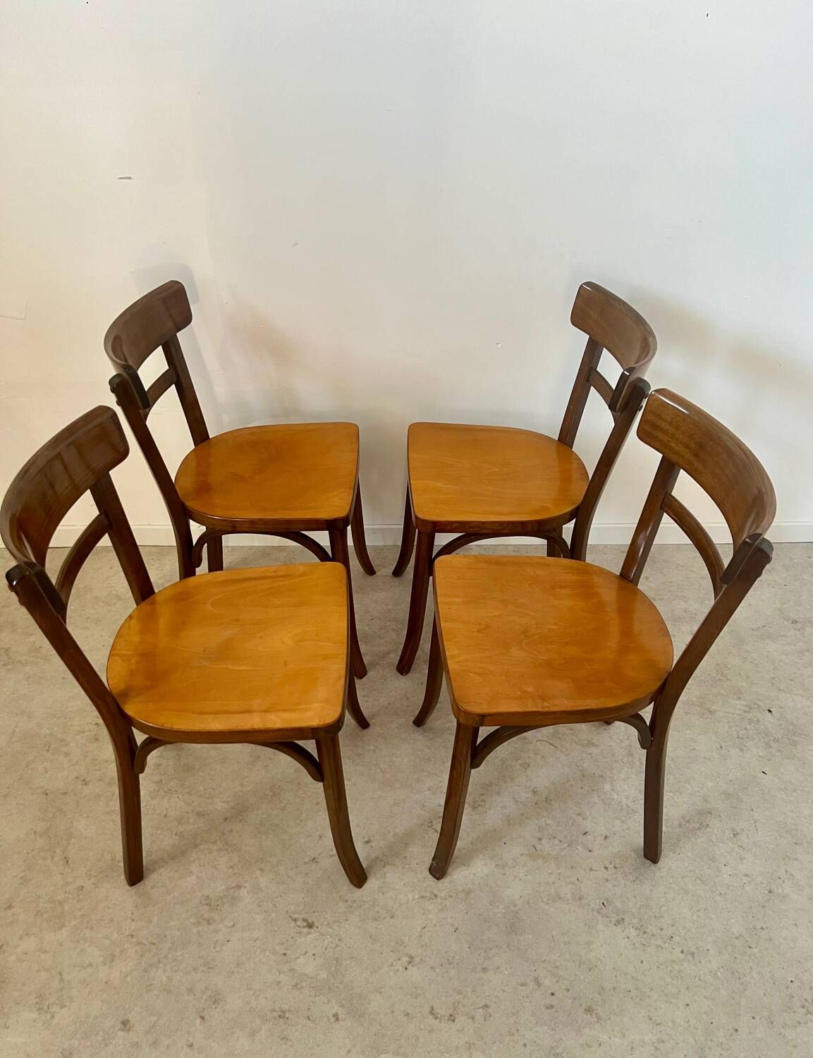 Set of 4 old vintage Baumann 50s wooden bistro chairs