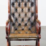 Green Vintage Leather English Chesterfield Armchair Combined with Wood