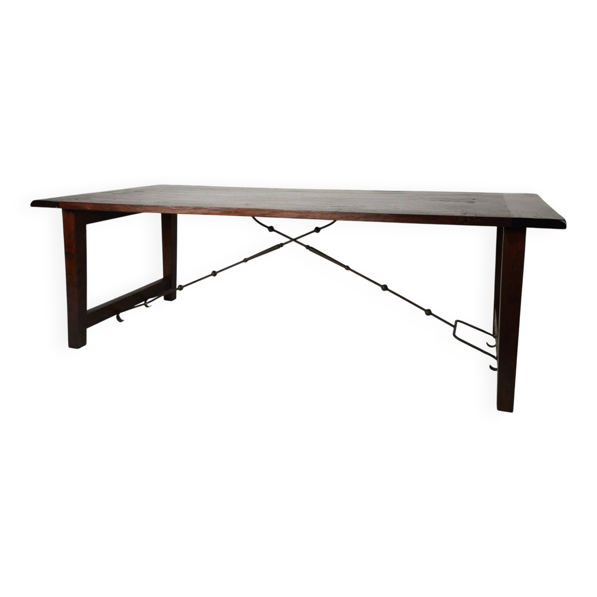 Large Spanish oak dining table with wrought iron bars – 20th century