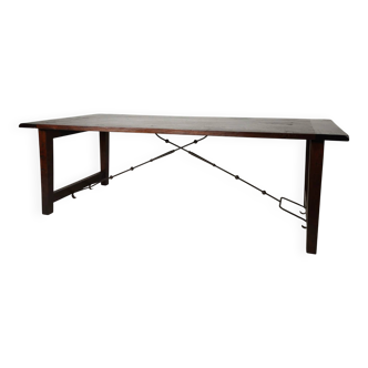 Large Spanish oak dining table with wrought iron bars – 20th century