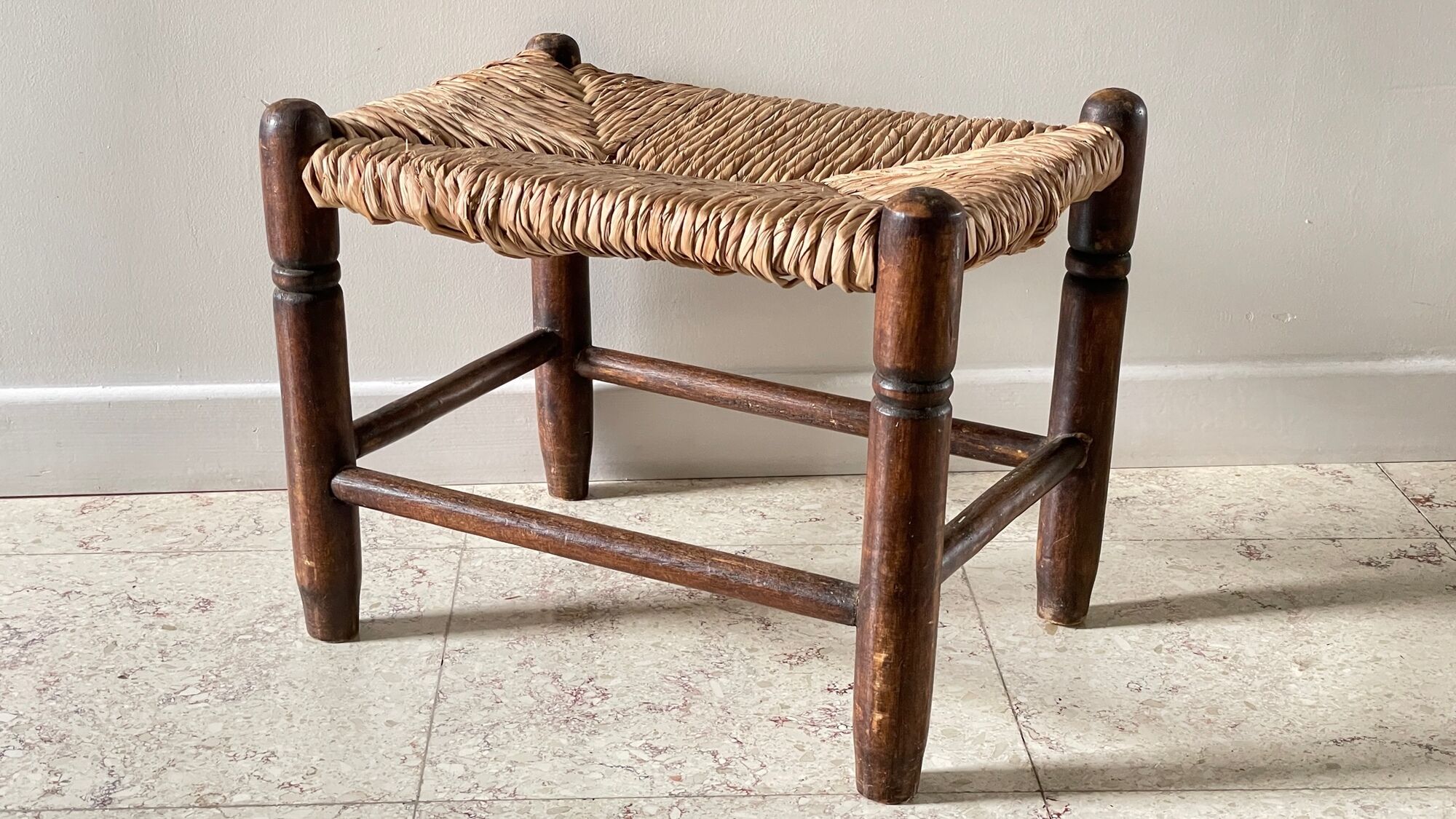 Stool bench wood and straw vintage bohemian spirit