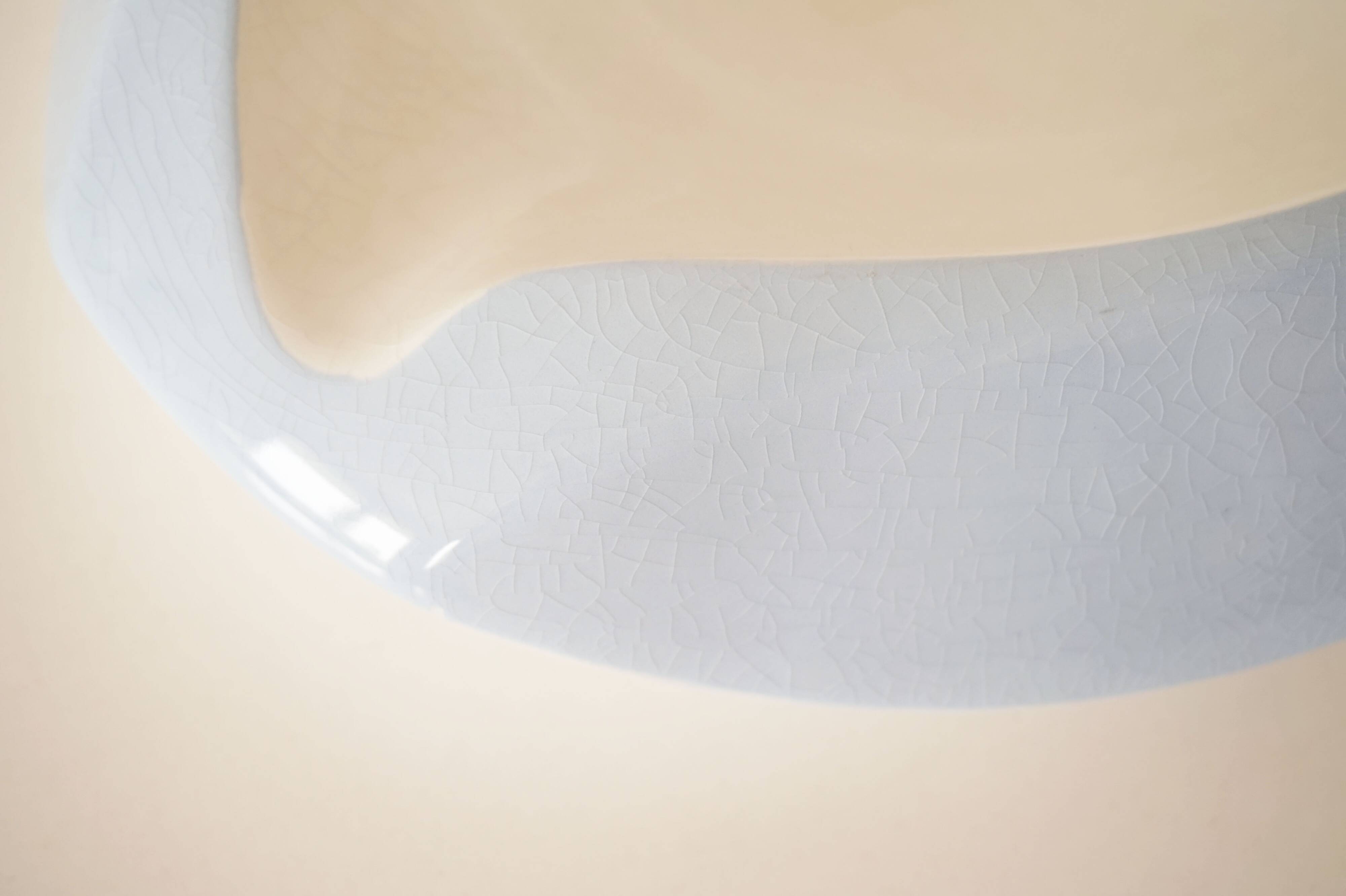 Large white and sky blue ceramic catchall from the 1950s.