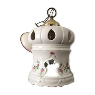 White, pink, green, floral openwork ceramic pendant light