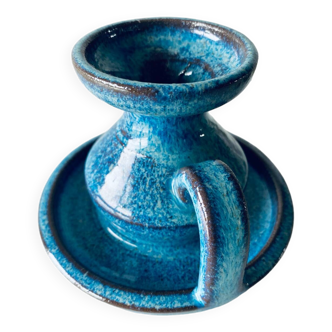 Candle holder in enamelled and signed stoneware