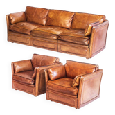 Sofa and two vintage Roche Bobois armchairs. Buffalo leather. France 80s.