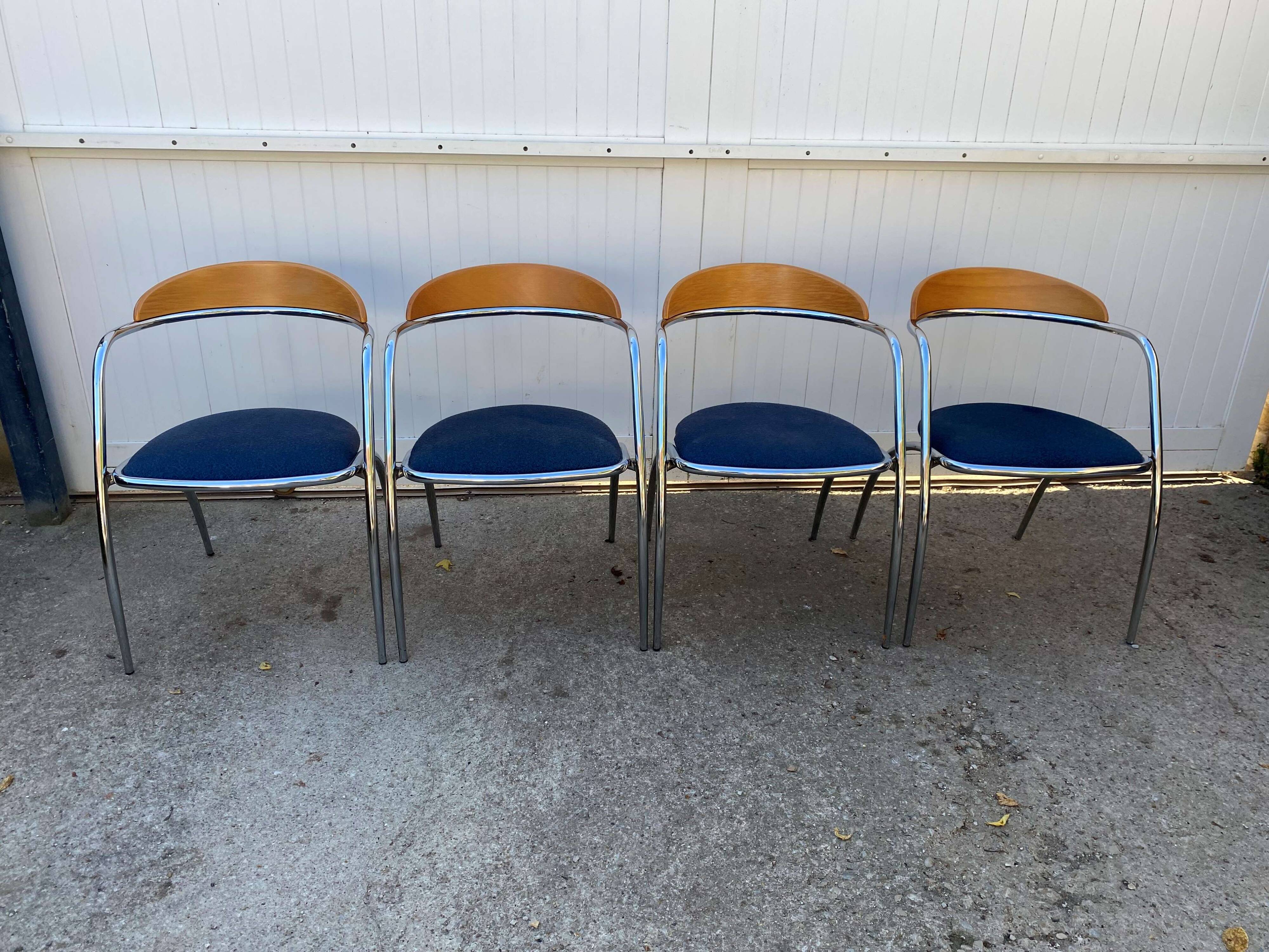 Set of 4 chairs with armrest Effezeta chrome blue fabric and wood an2000