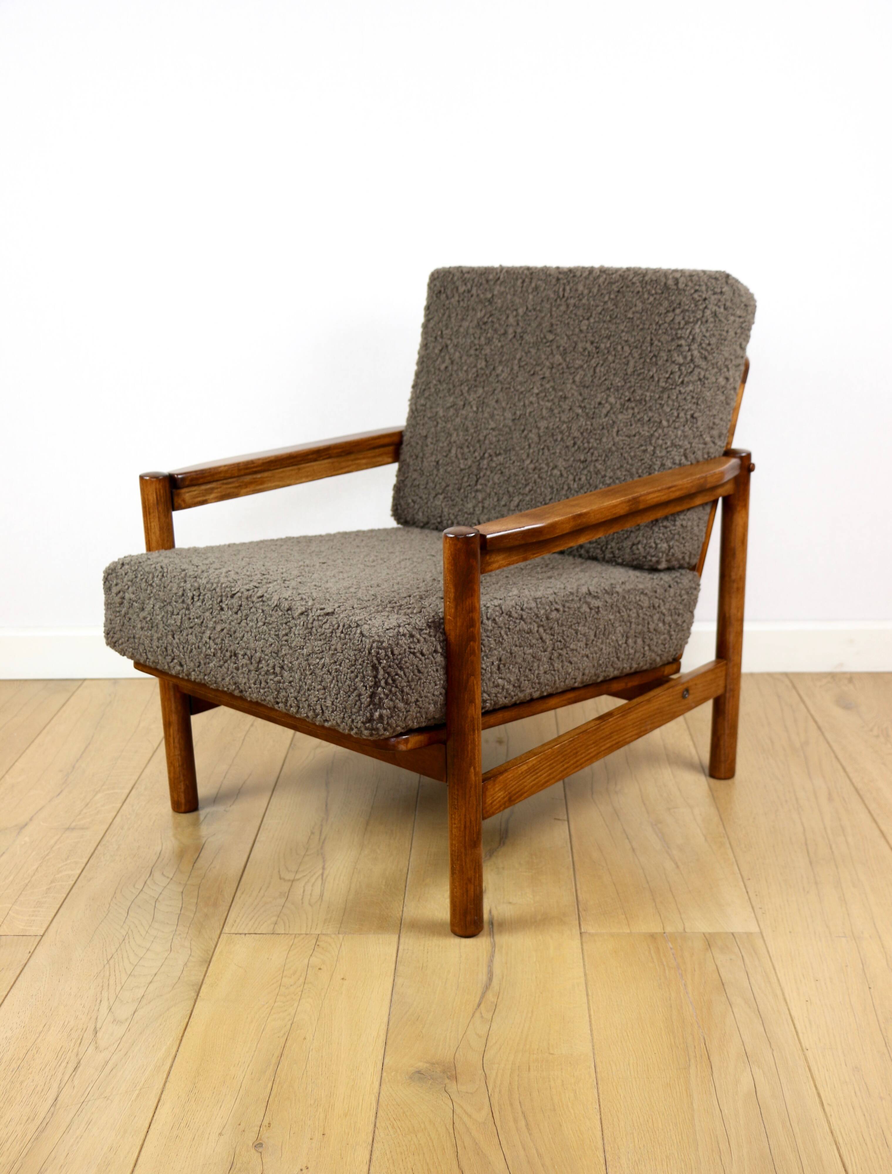 Wooden armchair designed by Z. Baczyk brown vintage chocolate brown boucle lamb