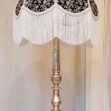 Silver plated bronze lamp with handmade fringe shade