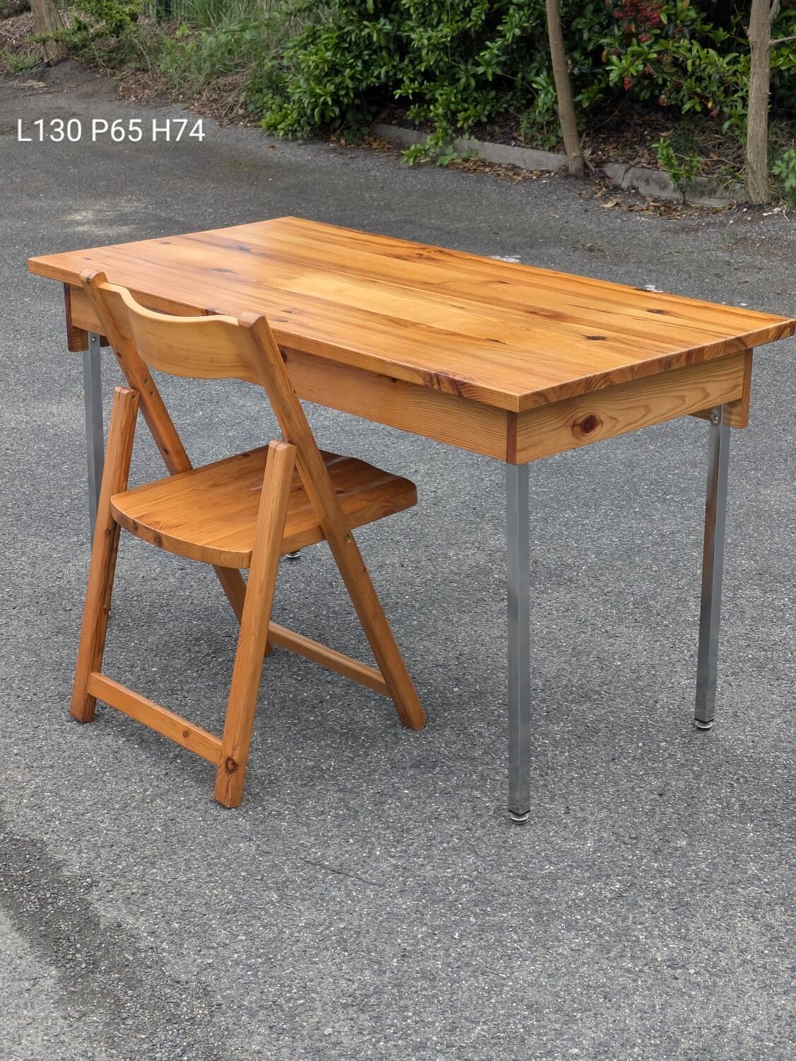 Vintage solid pine & chrome steel desk, 1970s