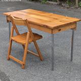 Vintage solid pine & chrome steel desk, 1970s