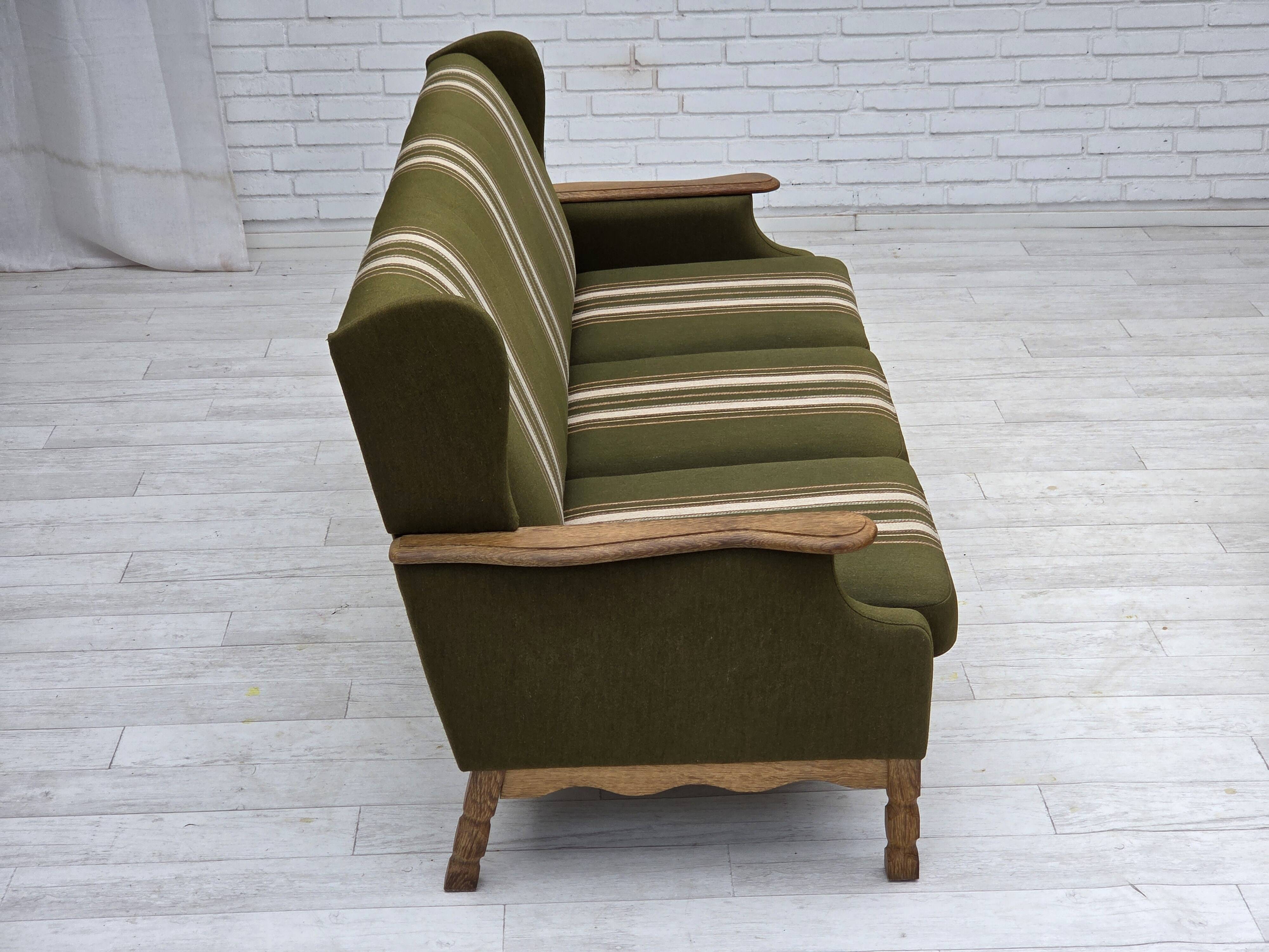 1970s, Danish 3-seater sofa, furniture wool, solid oak wood.