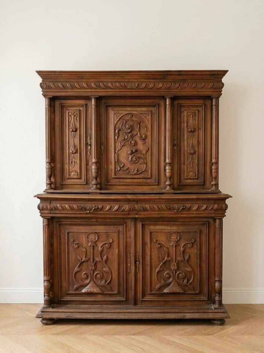 Large antique wooden sideboard carved in rustic style.
