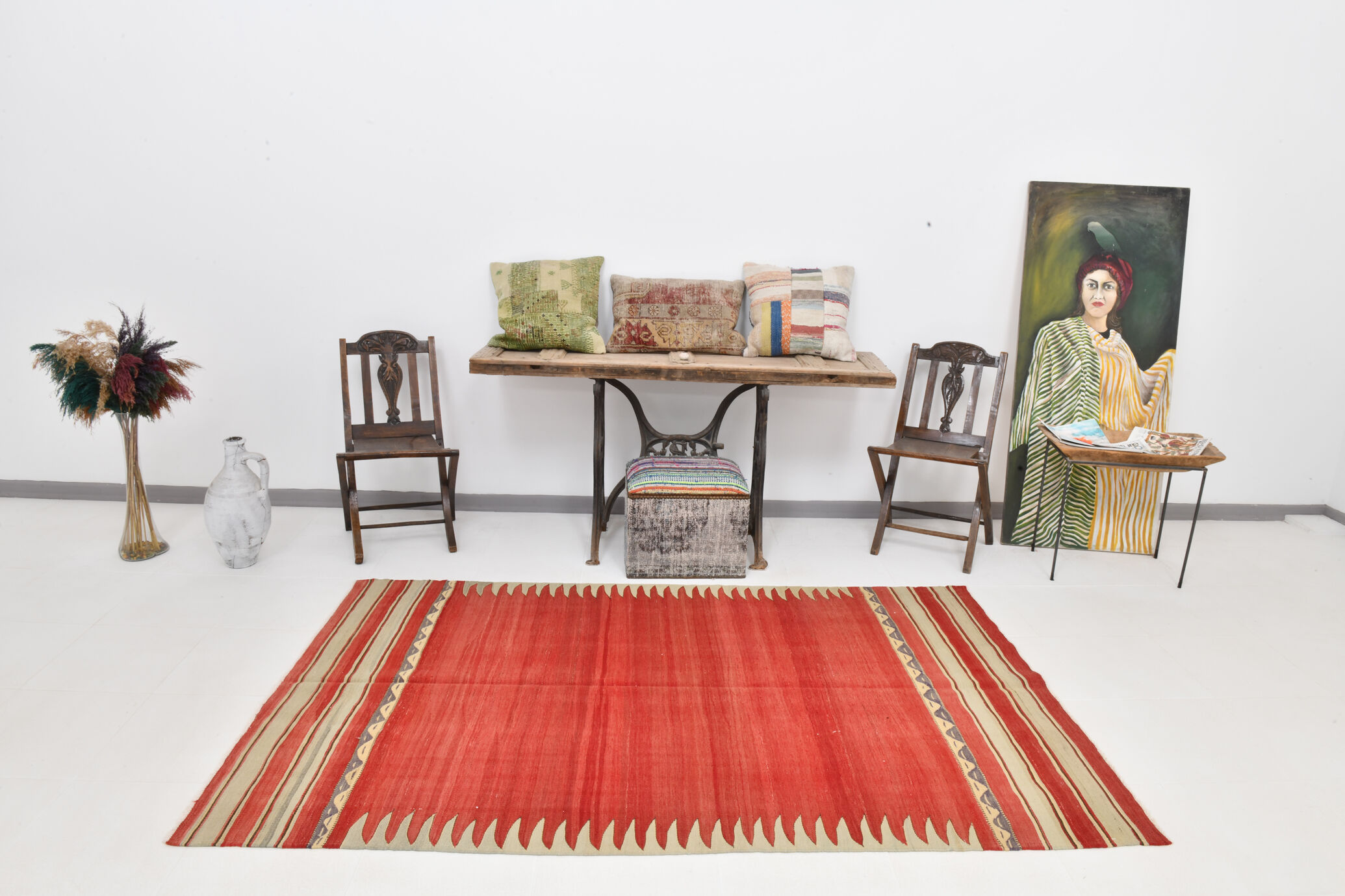 Red & beige wool kilim rug 237x142cm