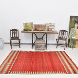 Red & beige wool kilim rug 237x142cm
