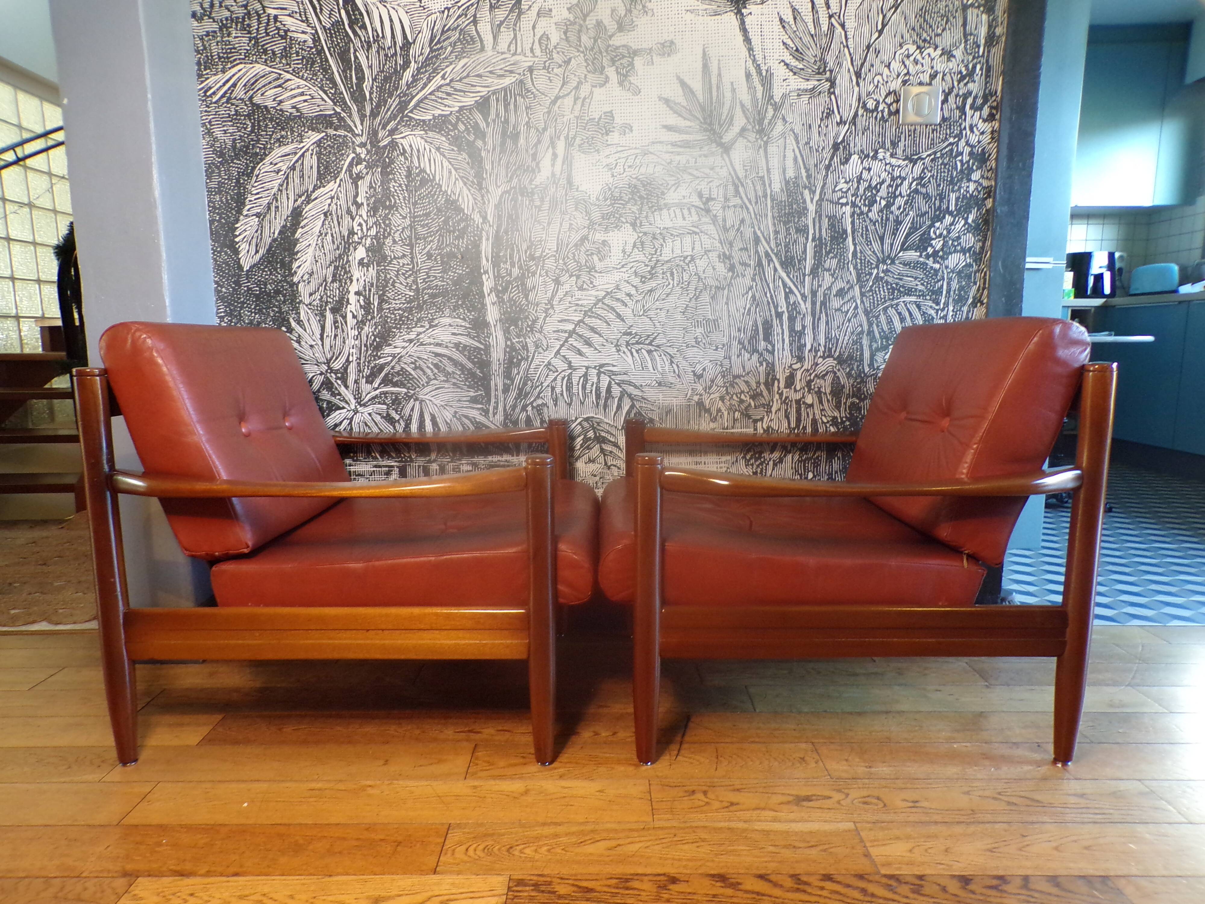 Pair of Scandinavian teak and leather armchairs