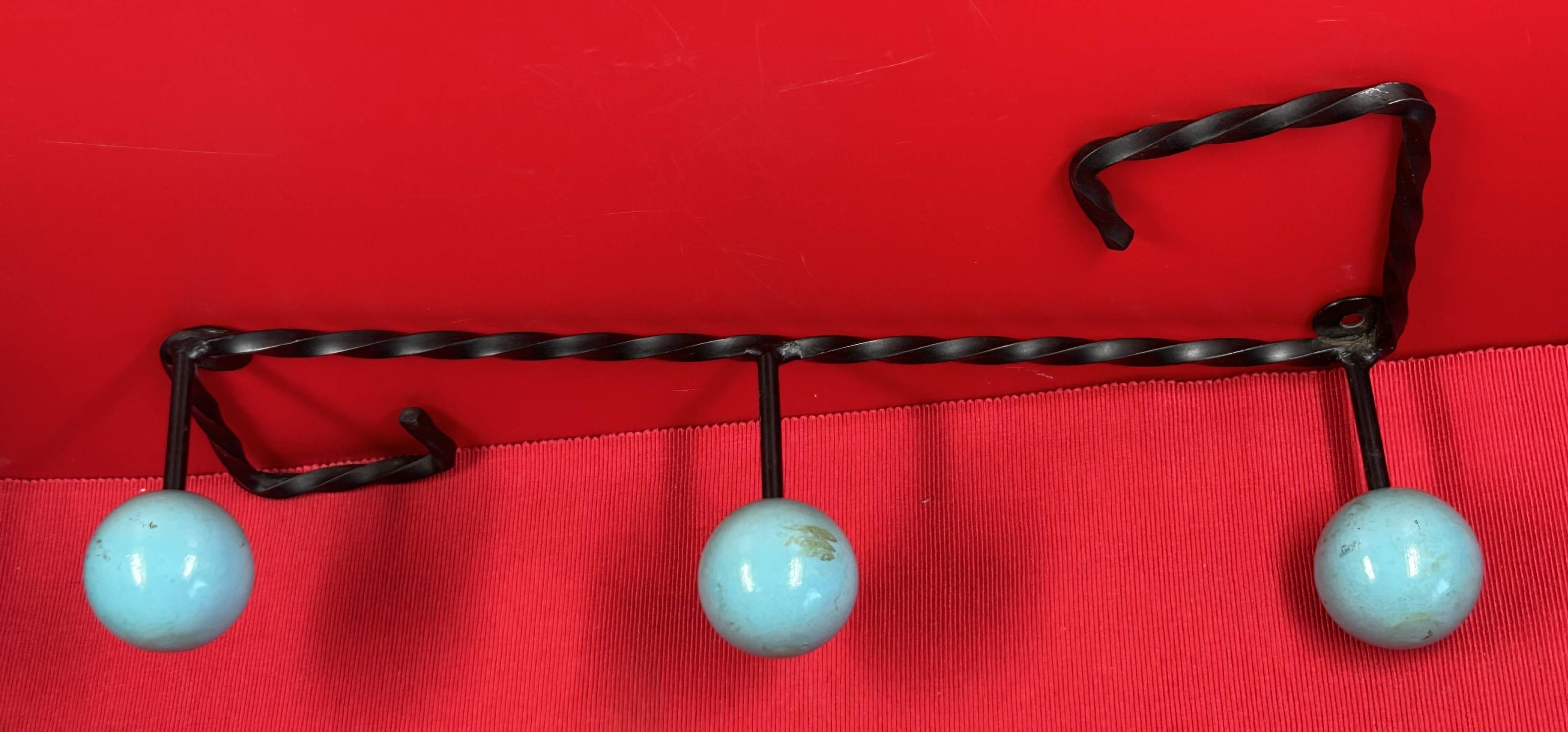 Rare coat rack with 3 hooks, one colour, ball hooks, wrought iron.