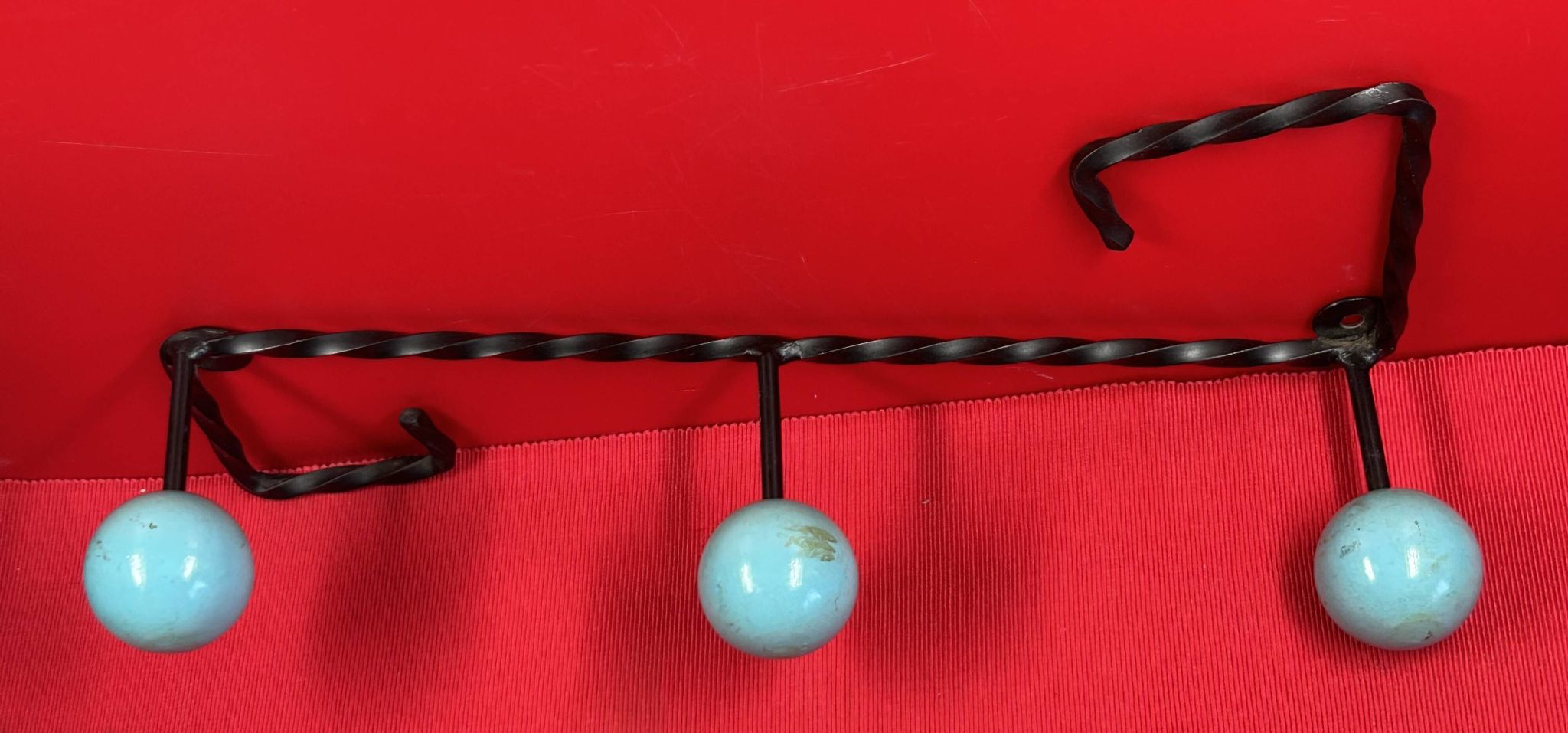 Rare coat rack with 3 hooks, one colour, ball hooks, wrought iron.