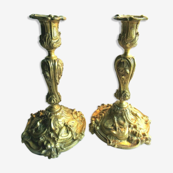 Pair of 19th century torch candlesticks, Louis XV style, bronze carved butterflies