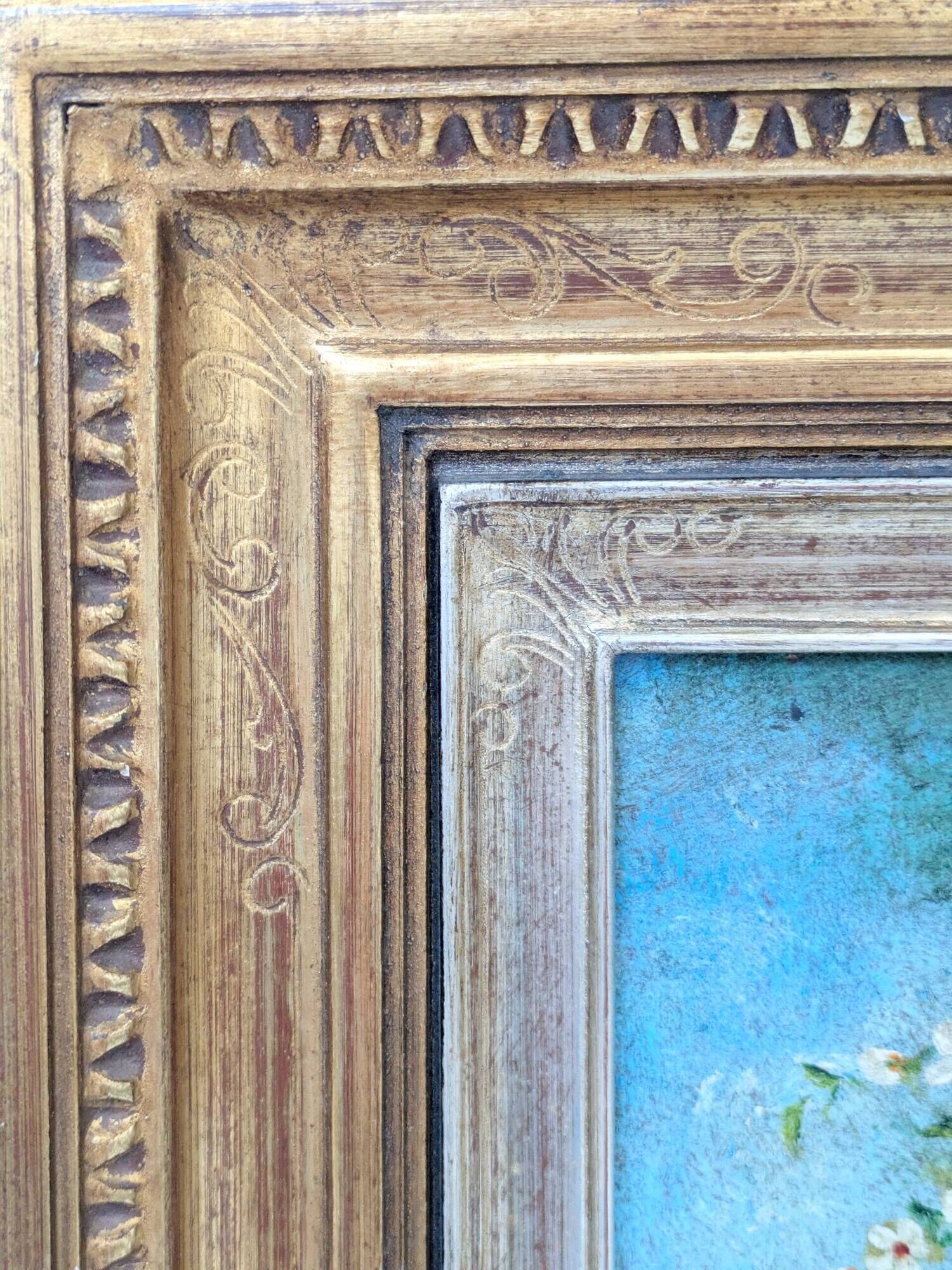 Antique oil painting, bouquet of peonies, ornate gilded frame
