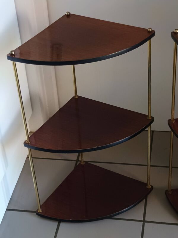 Paire d’étagères d’angle vintage en bois et métal doré, années 60