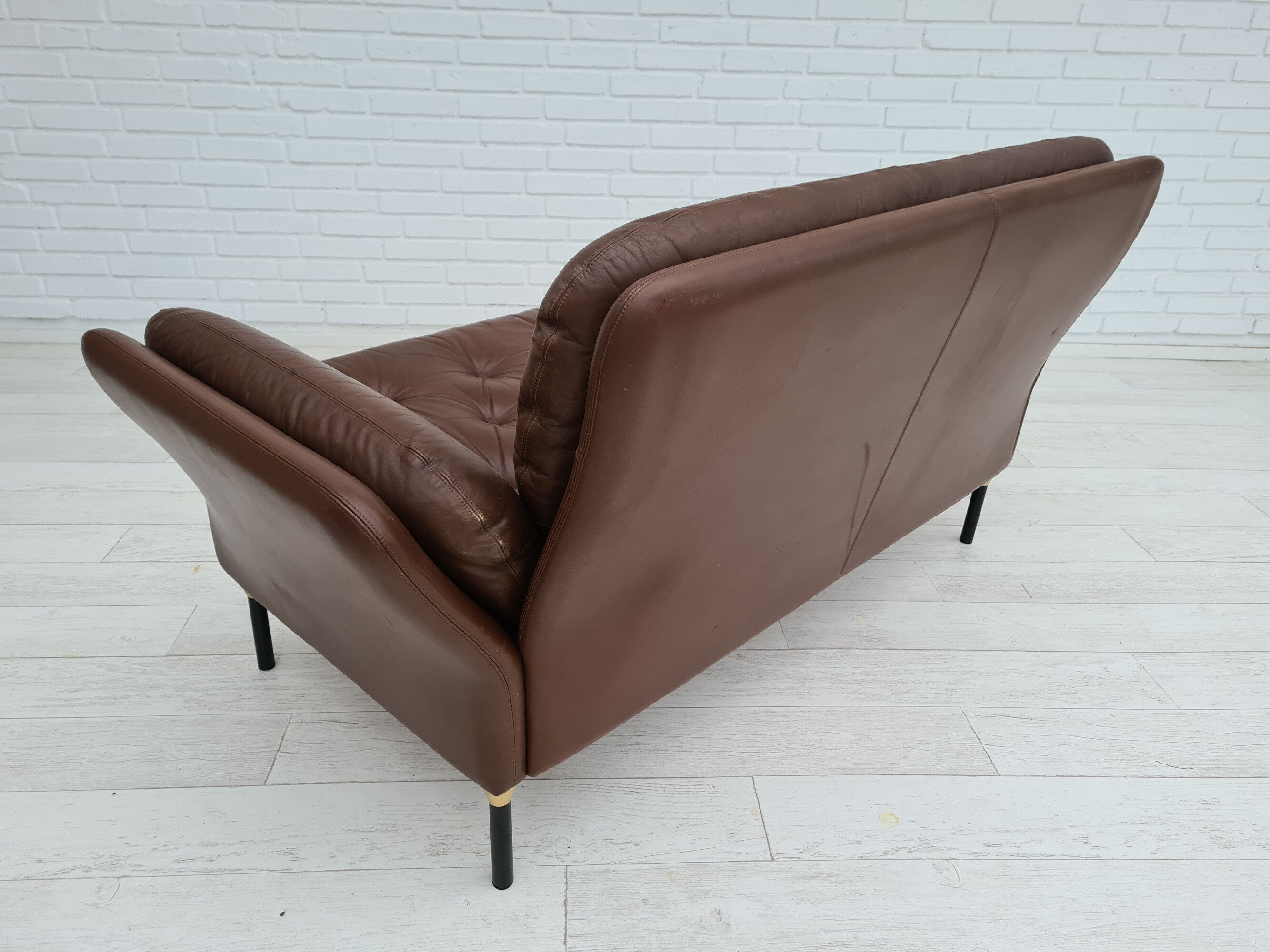 Danish 2-seater sofa, original brown leather, 70s
