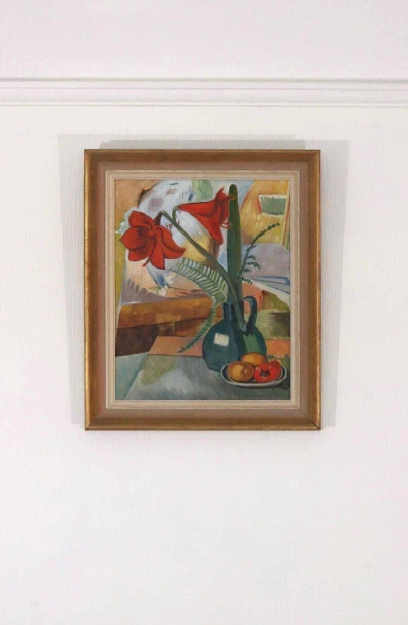 Huile sur toile suédoise « Nature morte avec Amaryllis et fruits » par A. Lindblom