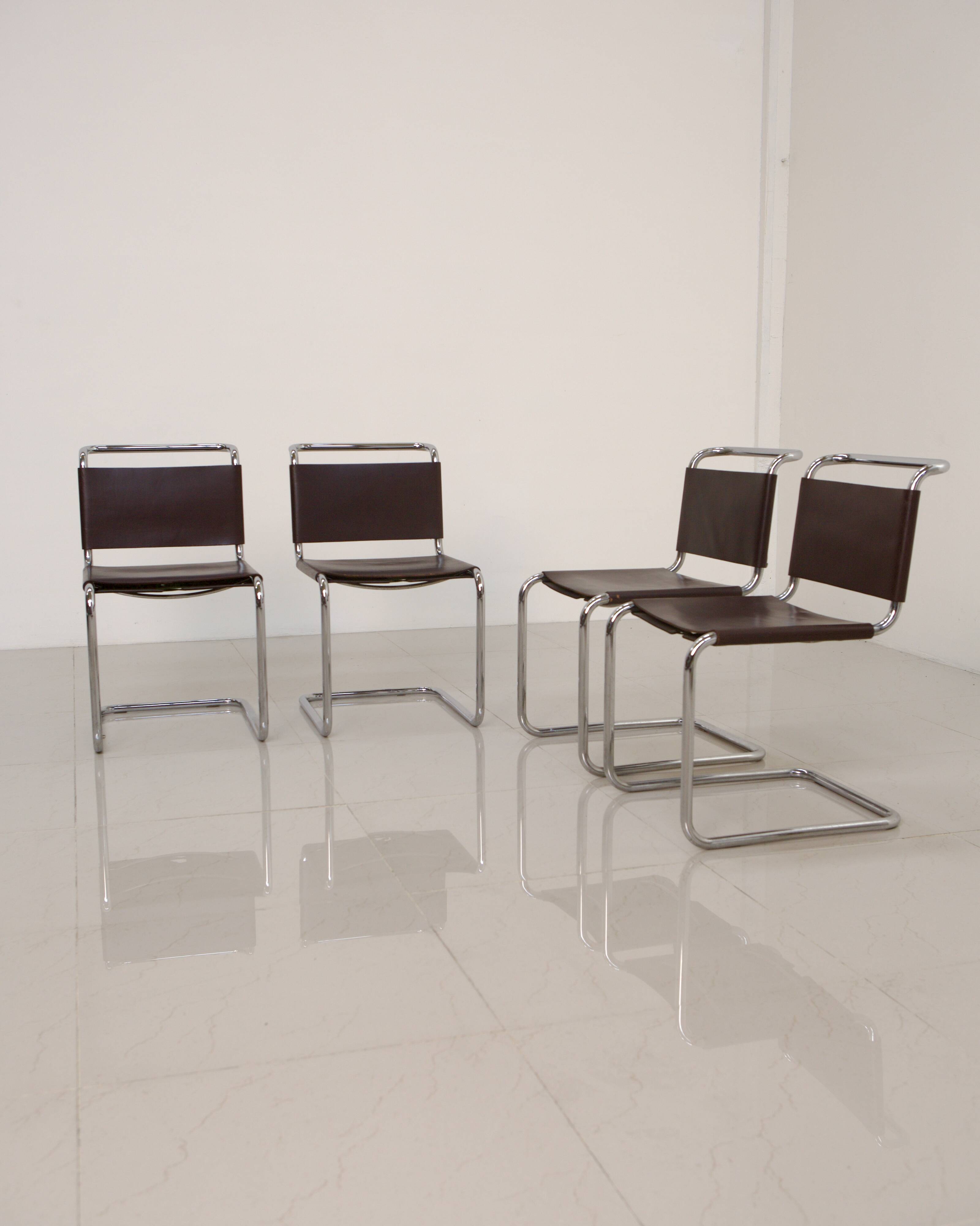 Set of 4 "S33" chairs in brown leather by Mart Stam for Gavina 60's