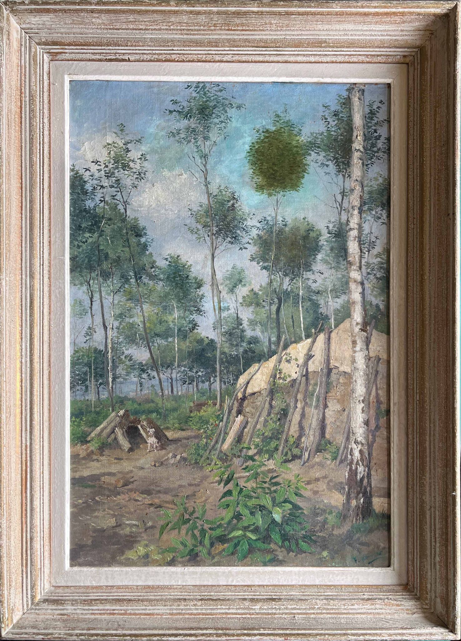 Tableau hst "forest with cabin" lumberjack forestry early 20th century