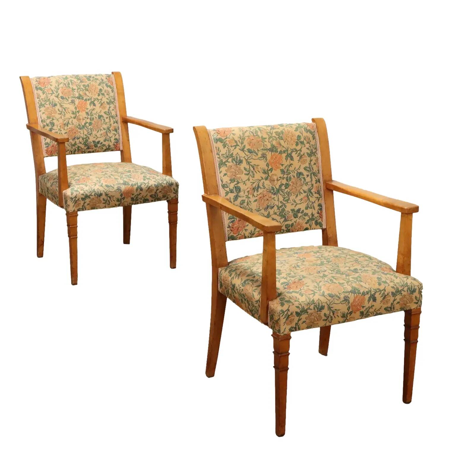 Pair of vintage armchairs from the 1950s in wood and fabric, Italy.