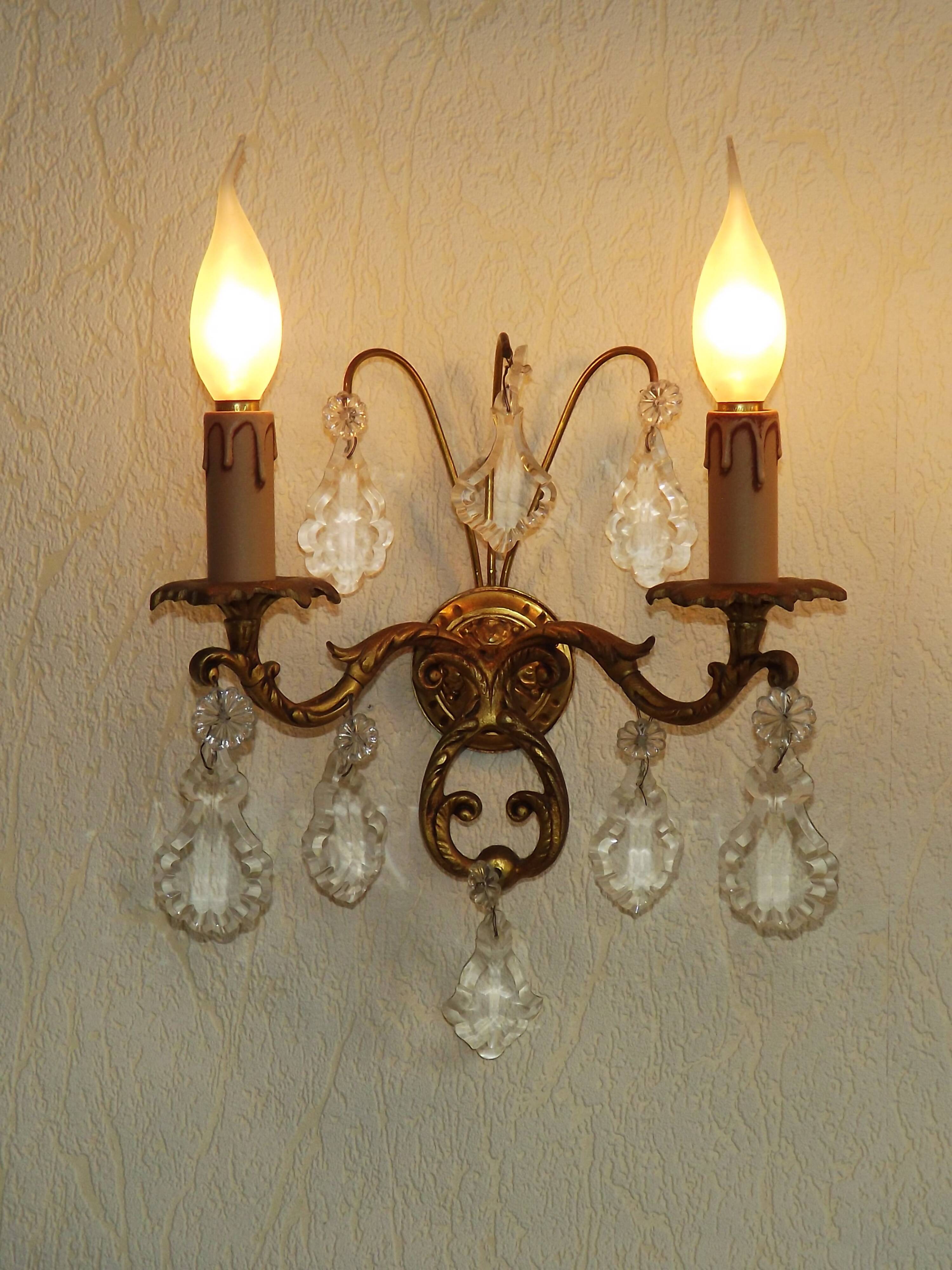 Pair of French Vintage Bronze Double Wall Lights Assorted Crystals 5331