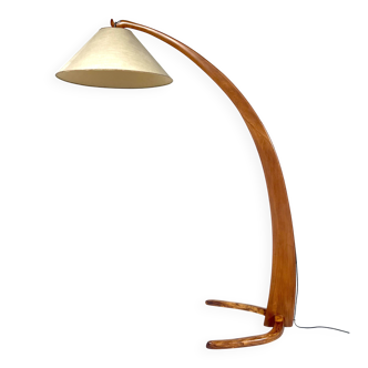 Mid-Century Arc Floor Fabric Lamp, Wood, Italy, 1950s