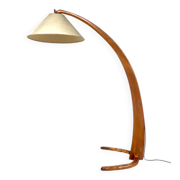 Lampadaire arc en tissu et bois, Italie, années 1950