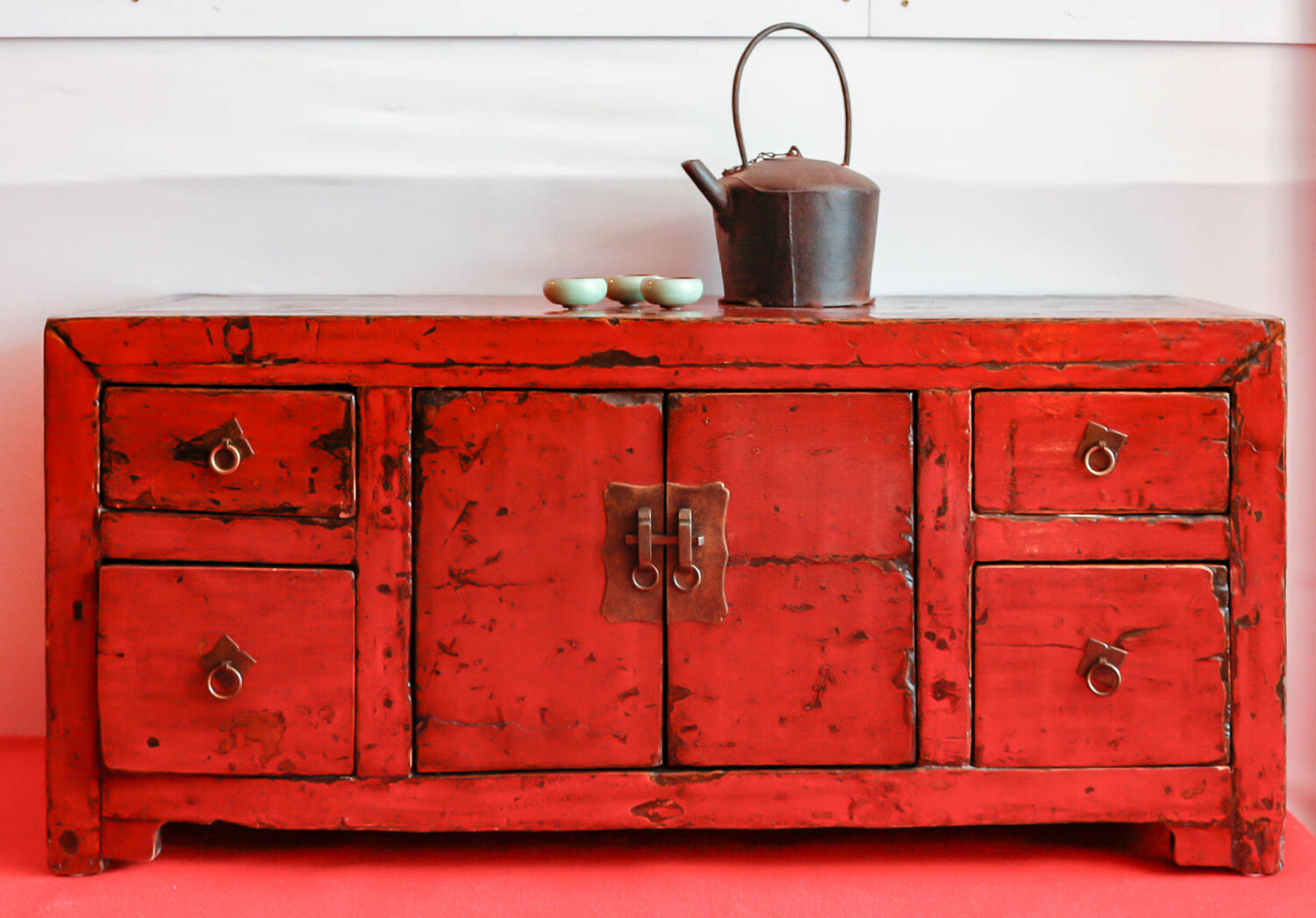Chinese antique low cabinet 4 drawers + 2 doors